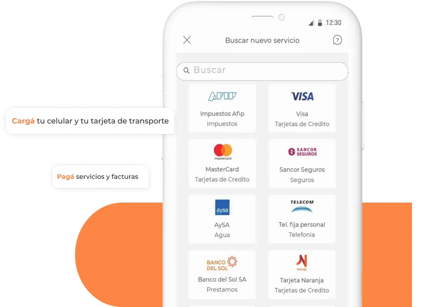 Pantalla de app para cargar celular, tarjeta de transporte y pagar servicios y facturas.