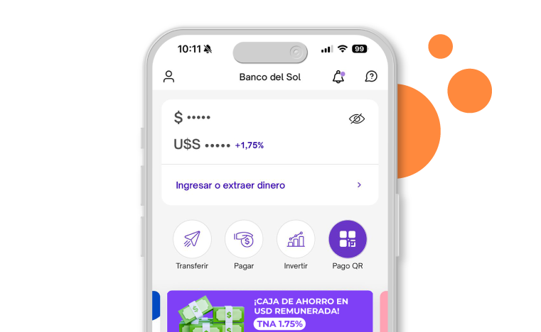 Pantalla de app bancaria Banco del Sol mostrando saldo, opciones de transferir, pagar, invertir y pago QR.