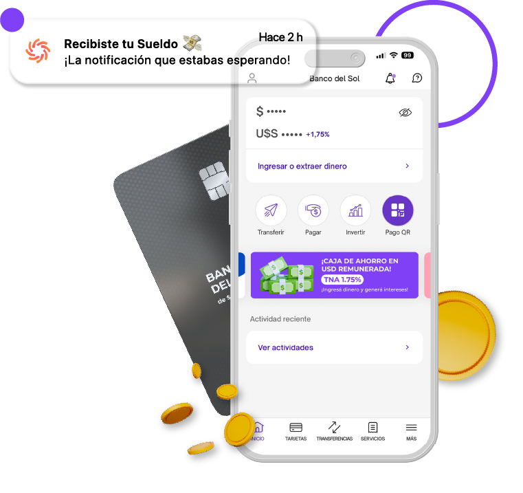 Pantalla de teléfono mostrando una app de préstamos que invita a simular un préstamo hasta en 48 cuotas con botón morado y monedas doradas alrededor.