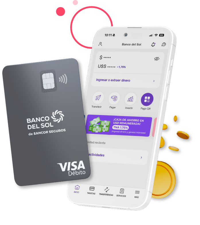 Pantalla de teléfono mostrando una app de préstamos que invita a simular un préstamo hasta en 48 cuotas con botón morado y monedas doradas alrededor.