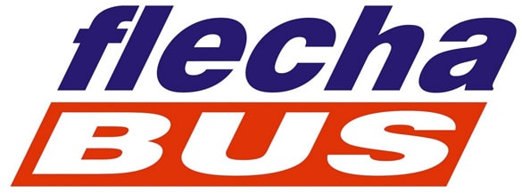 Logotipo de Flecha Bus con texto azul y naranja.