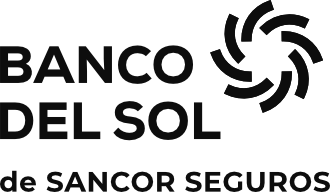 Logotipo de Banco Del Sol con texto y un diseño circular a la derecha.