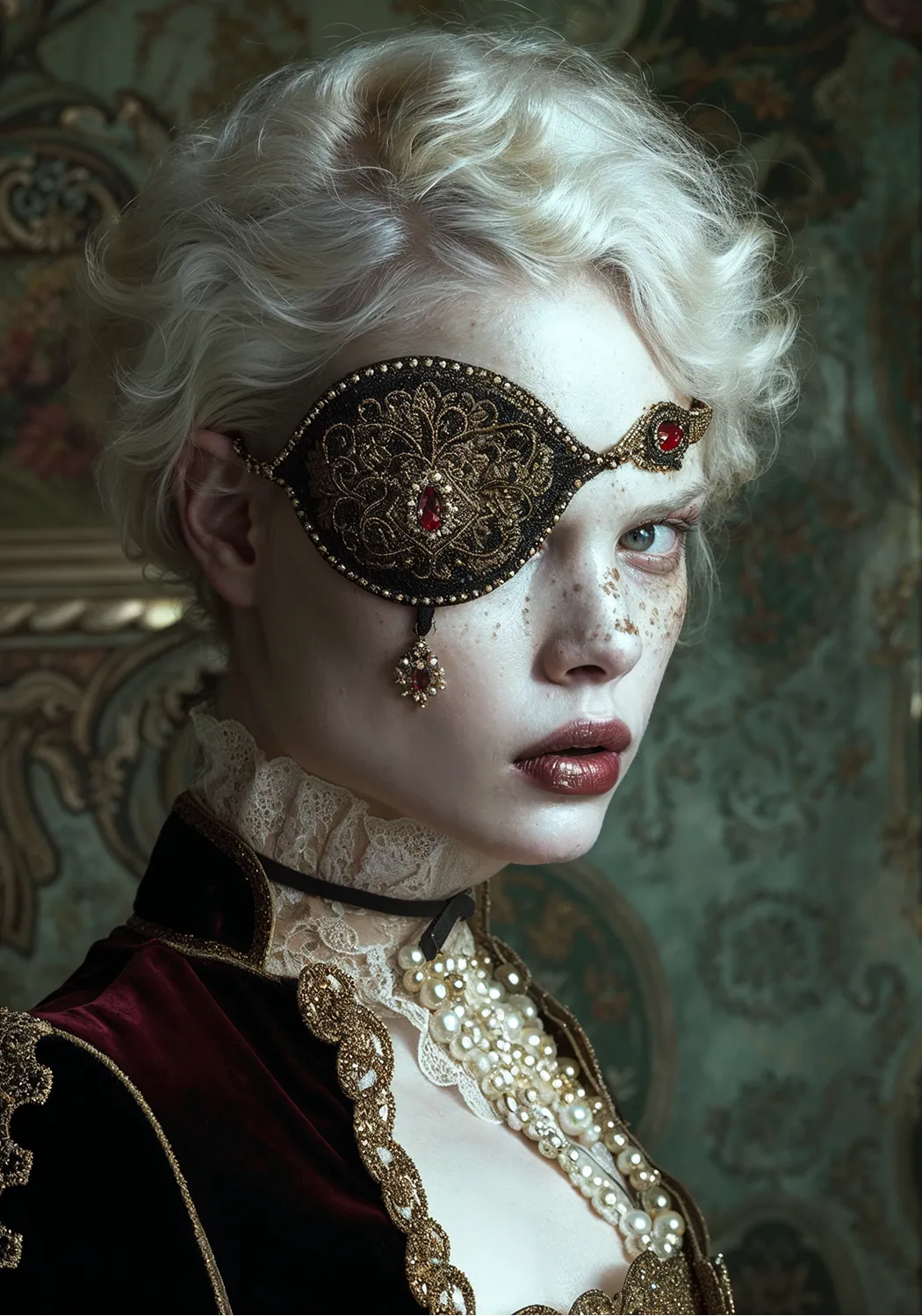 Close-up of a pale woman with platinum blonde curly hair wearing an ornate black and gold eye patch with red jewels, a lace high collar, pearl necklace, and dark velvet garment against a patterned backdrop.