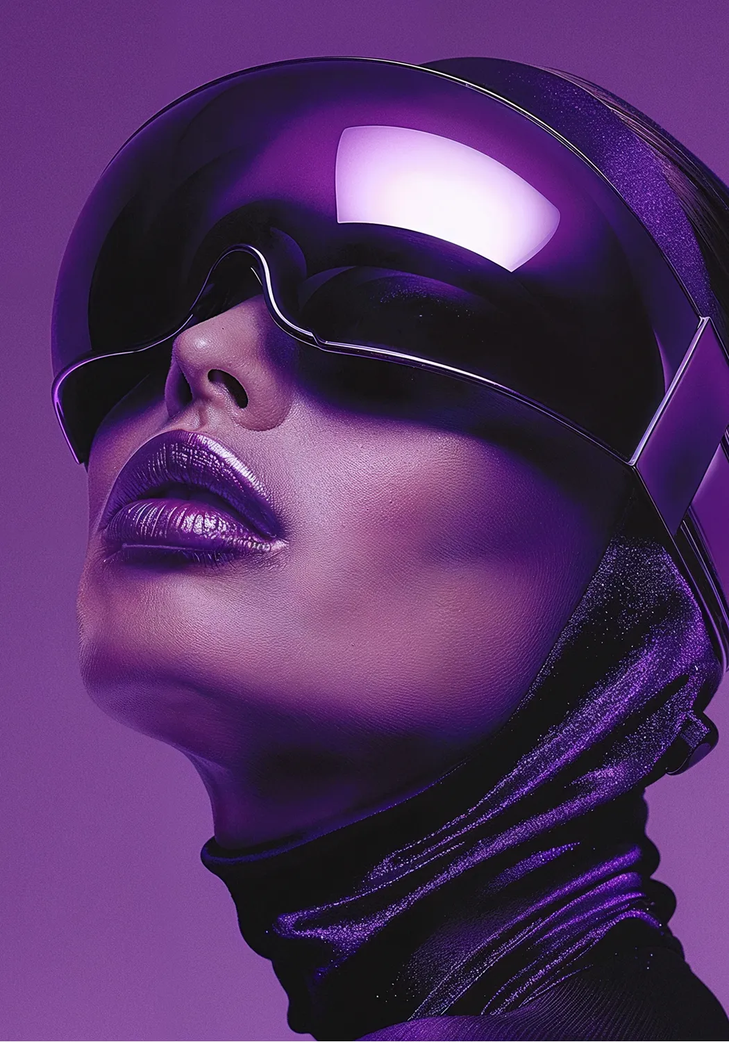 Close-up of a woman wearing futuristic purple visor sunglasses and shiny purple lipstick with a shimmering purple hooded outfit.