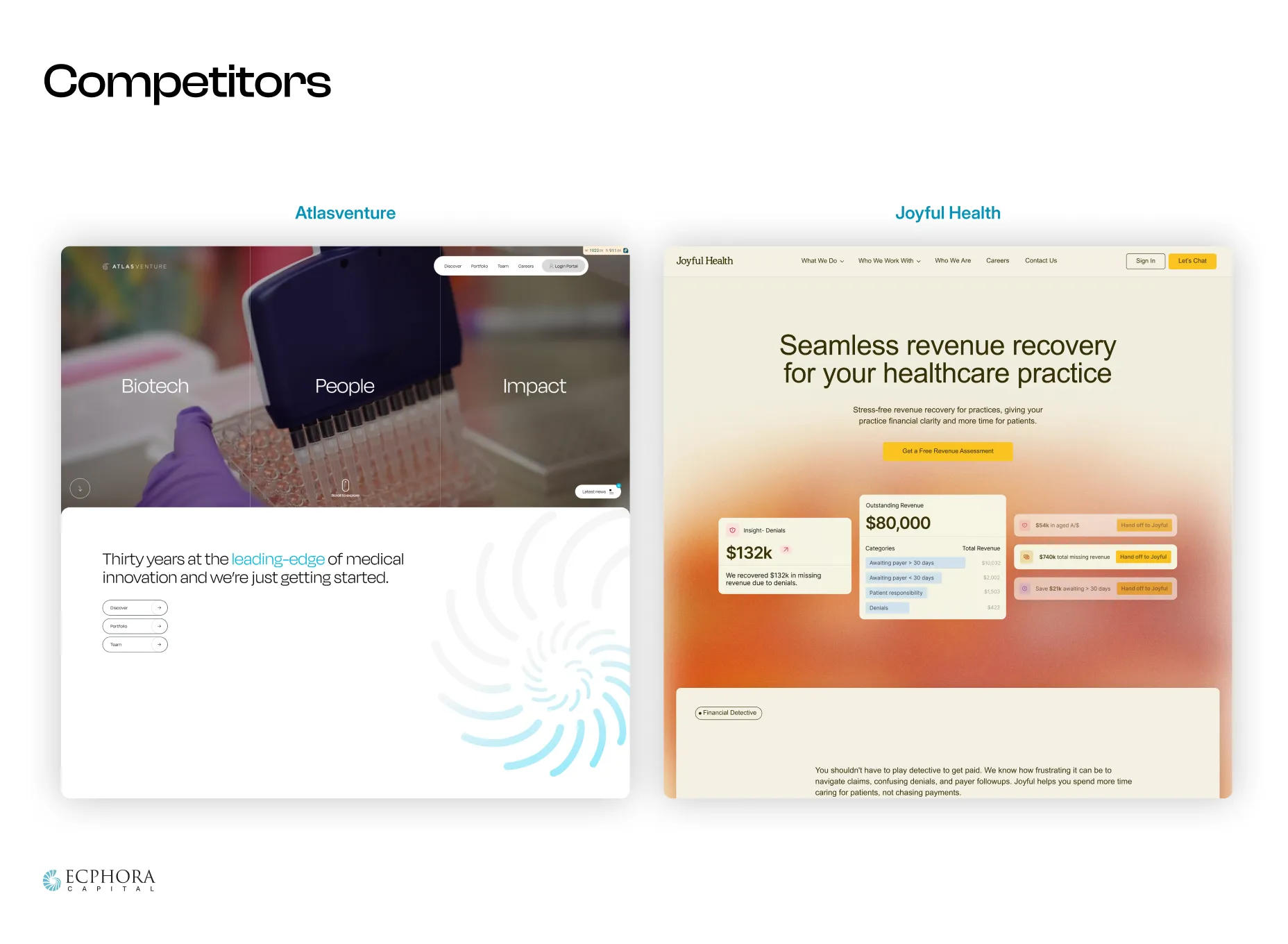 Side-by-side website screenshots comparing competitors Atlasventure highlighting biotech innovation and Joyful Health offering revenue recovery for healthcare practices.