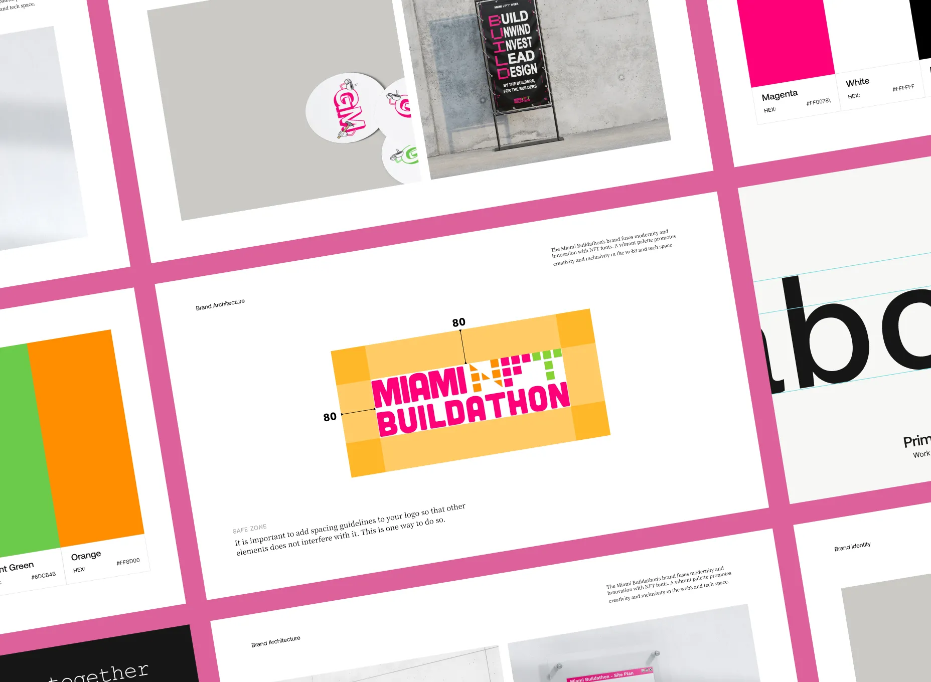 Miami Buildathon logo centered in a safe zone grid with magenta text and colorful pixelated NFT letters above, surrounded by brand colors and typography samples on a pink background.
