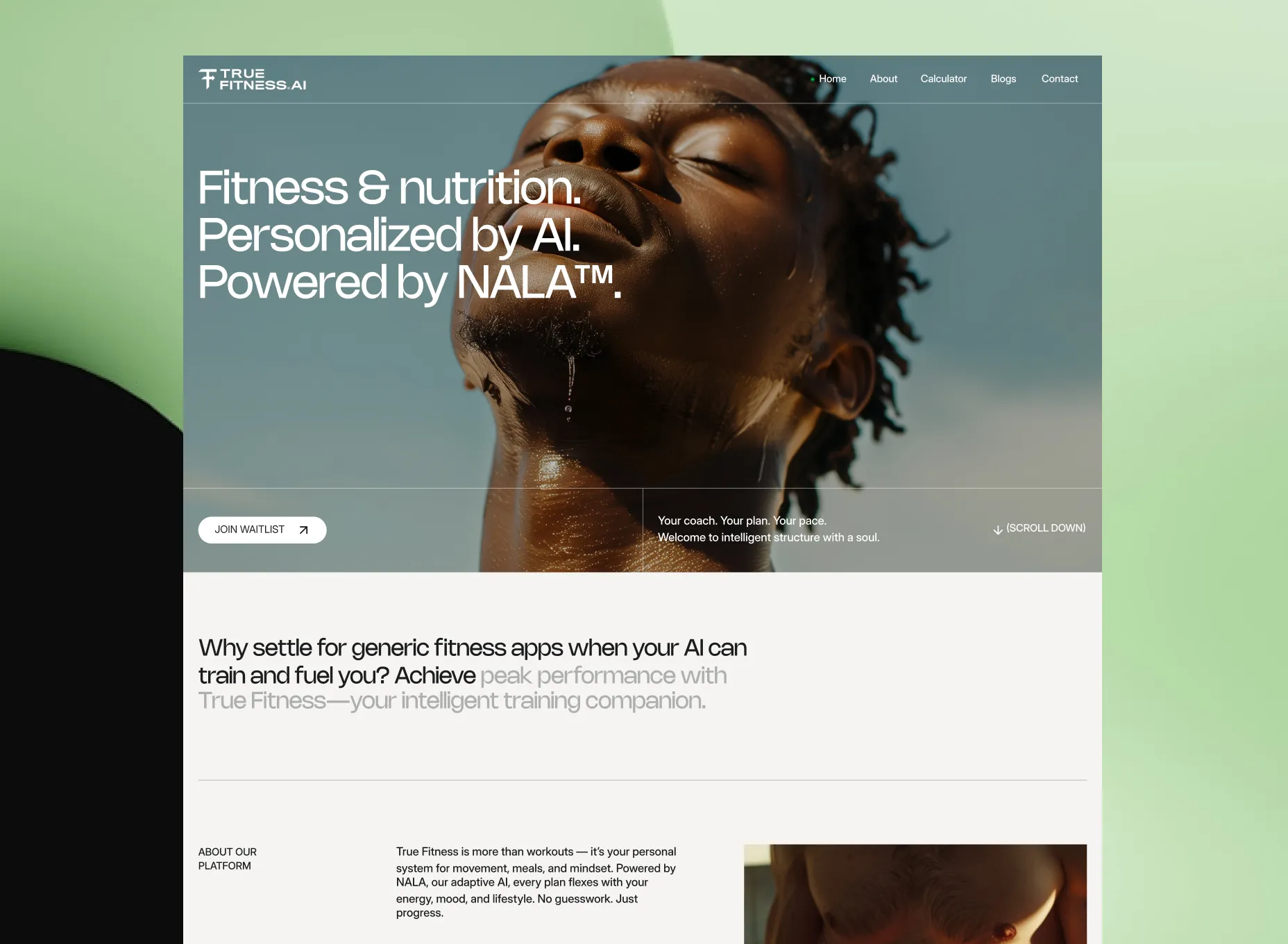 Close-up of a man with closed eyes and water droplets on his face against a blue sky background, overlayed with text about AI-powered fitness and nutrition.