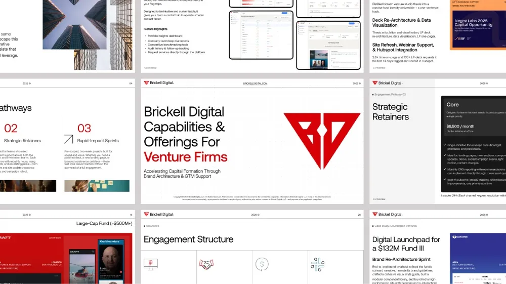 Collage of slides from Brickell Digital presentation showing venture firm offerings, strategic retainers, engagement structure, and digital launchpad details with charts, text, and logos.