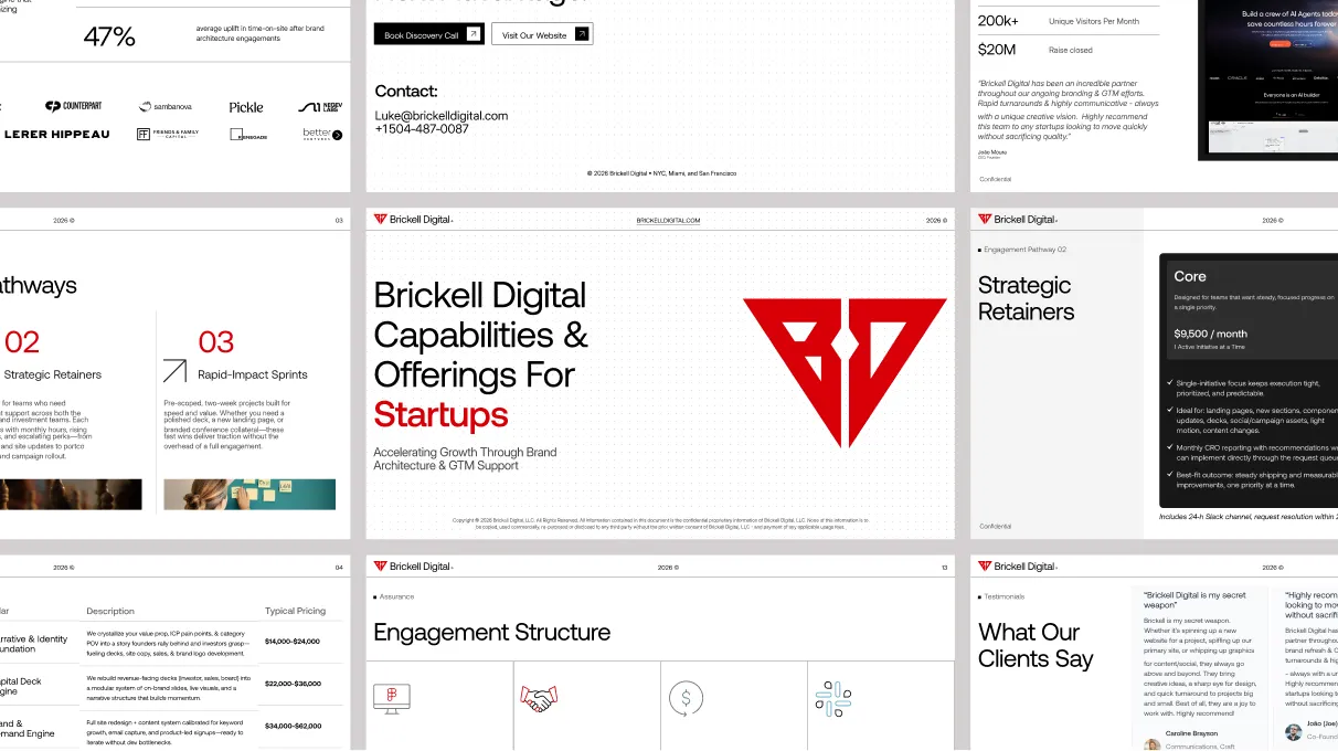 Presentation slides showcasing Brickell Digital capabilities and offerings for startups, including strategic retainers, rapid-impact sprints, pricing, client testimonials, and contact information.