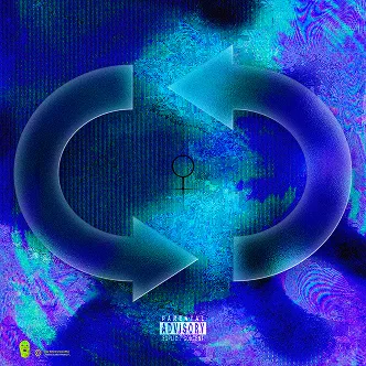 Blue and purple abstract background with two large circular arrows forming a loop around a gender symbol.