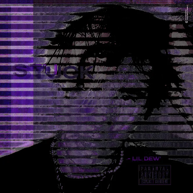 Grainy, purple-toned image of a person with short spiky hair wearing a chain necklace, with visible text and a parental advisory label.