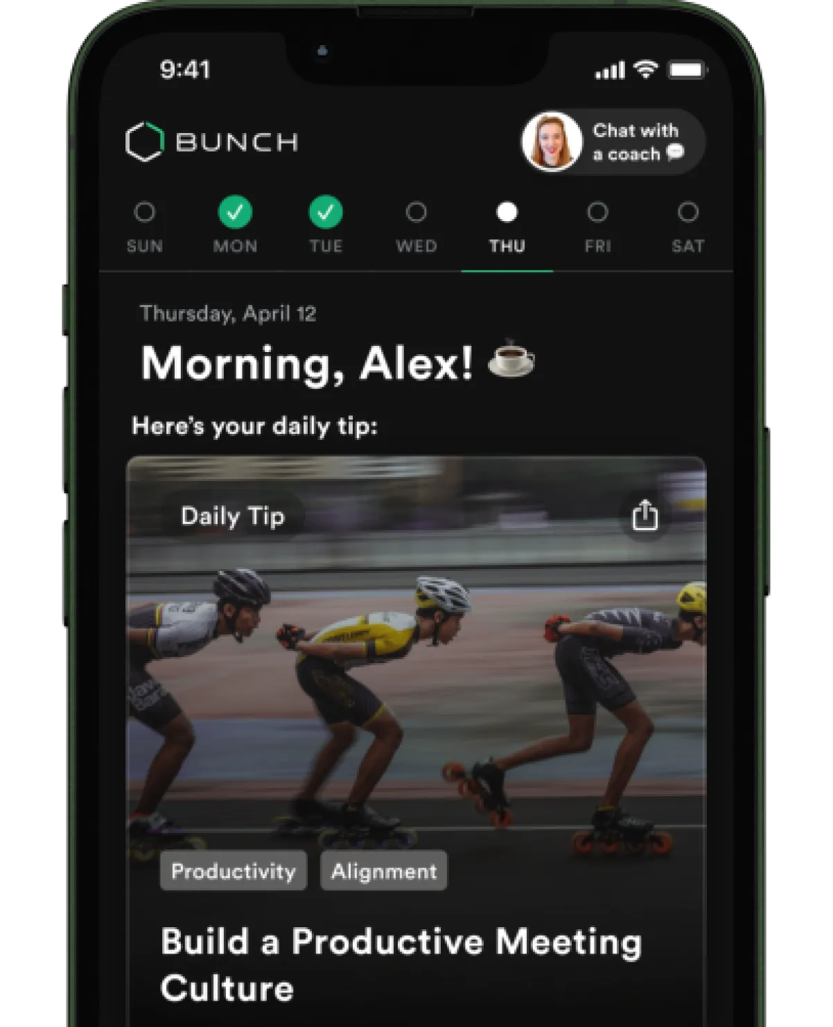 Mobile phone screen showing Bunch app interface with a personalized greeting and a daily leadership tip titled “Build a Productive Meeting Culture,” featuring an image of speed skaters racing in sync.