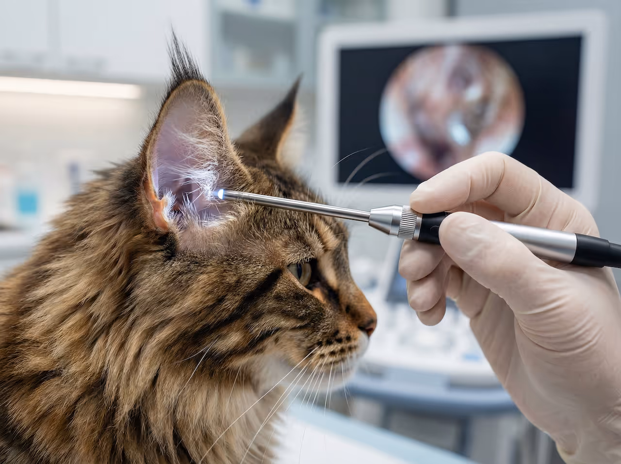 Ein Tierarzt untersucht das rechte Ohr einer Langhaarkatze mit einem Otoskop in einer klinischen Umgebung.