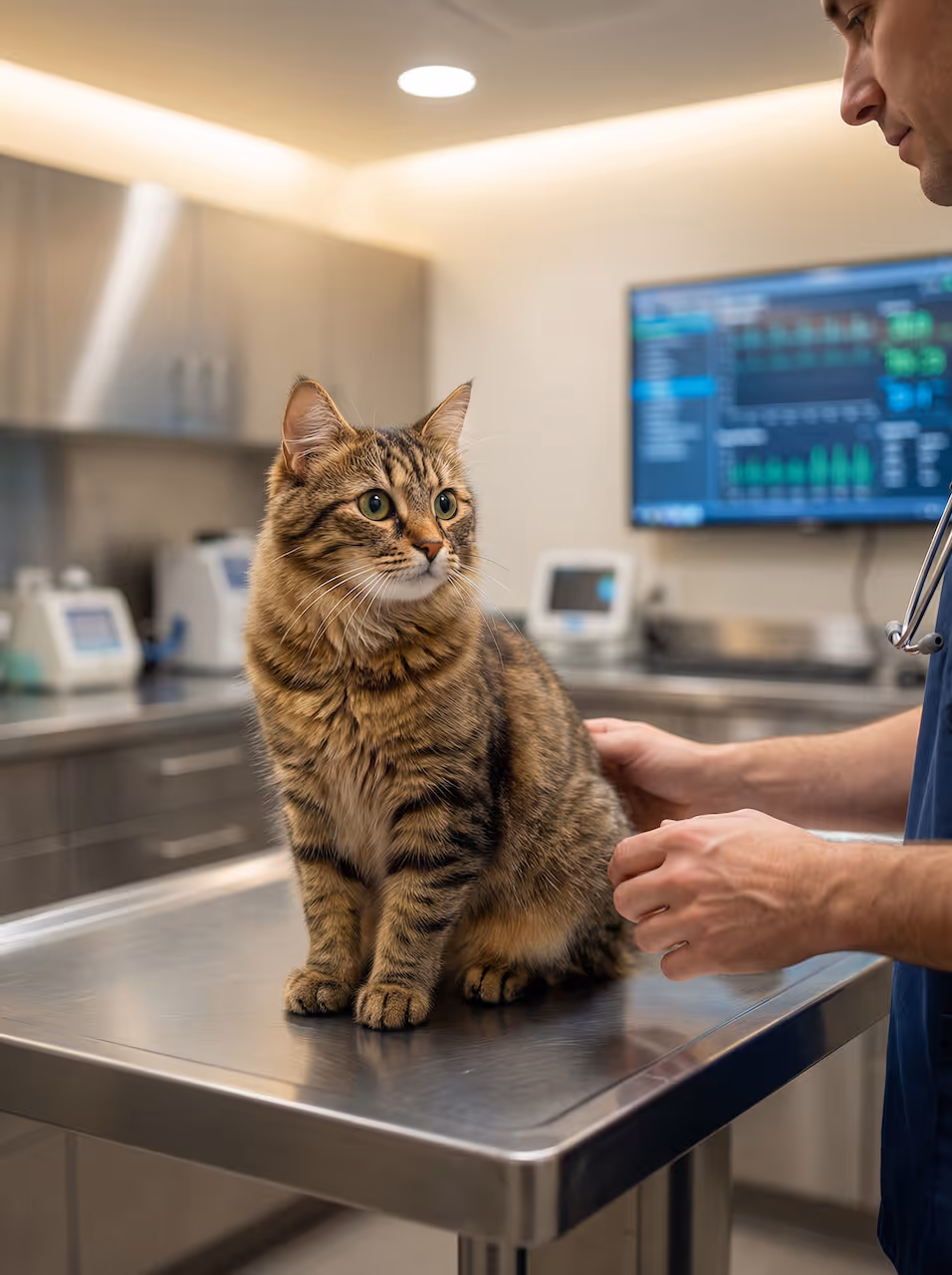 Braun getigerte Katze sitzt auf einem Untersuchungstisch in einer Tierarztpraxis, während ein Tierarzt sie untersucht.
