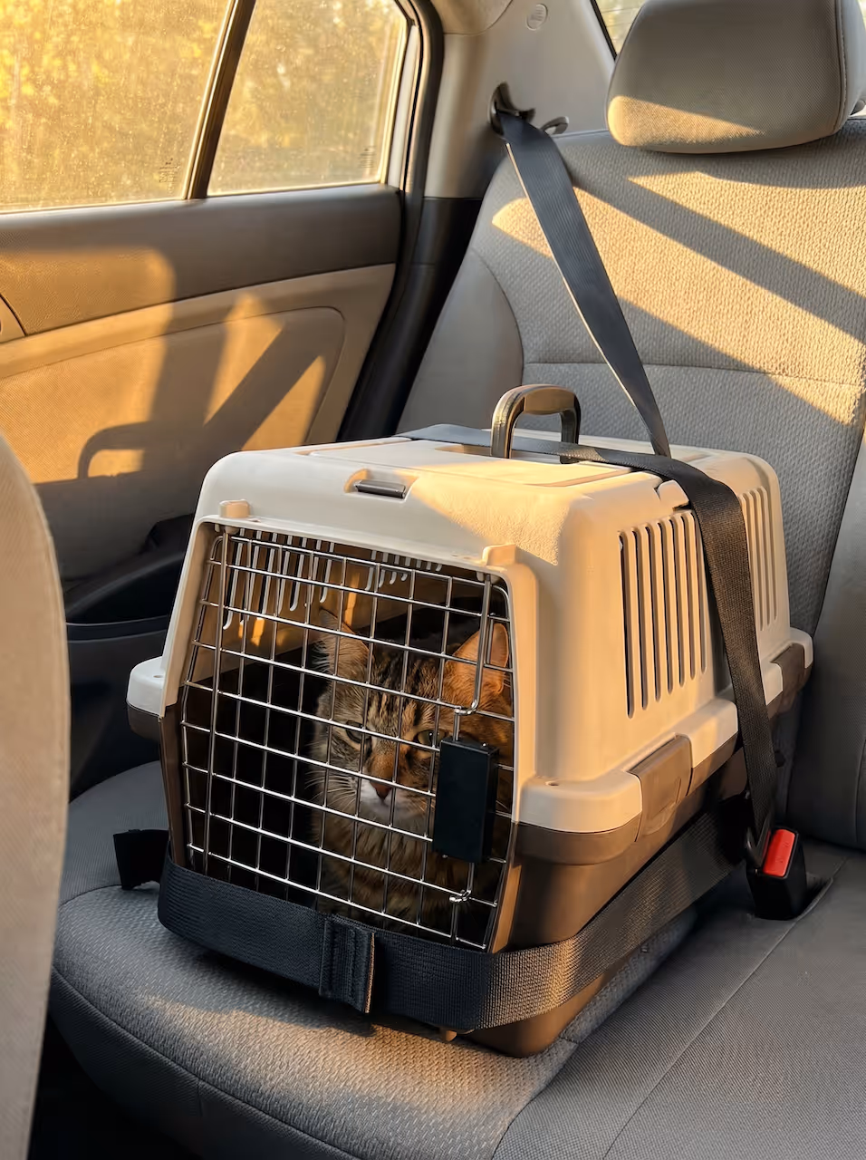 Getigerte Katze in einer Transportbox, gesichert mit einem Sicherheitsgurt auf dem Rücksitz eines Autos.