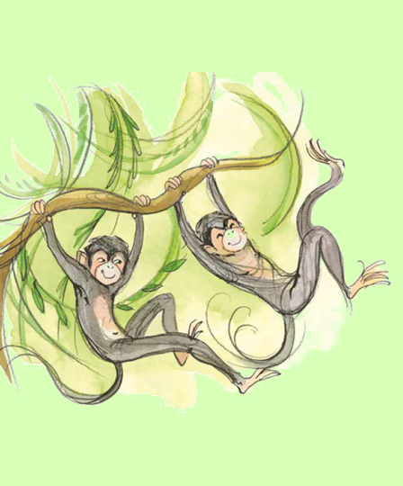 Illustration of two smiling monkeys hanging and swinging from a tree branch with green leaves on a light green background.