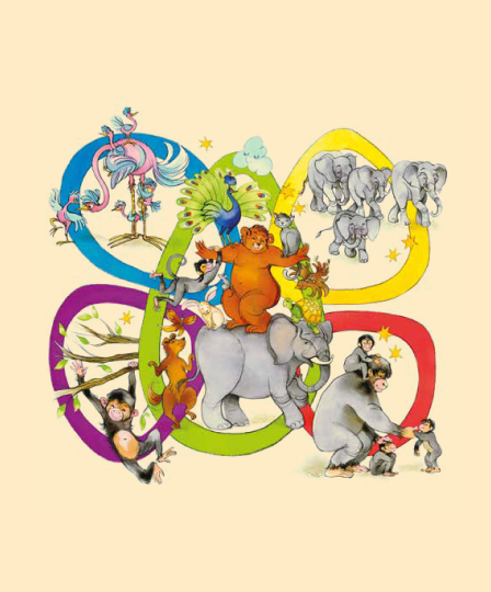 Colorful illustration of various animals including a bear, elephant, peacock, monkeys, flamingos, fox, and gorilla arranged around interlocking loops on a light background.