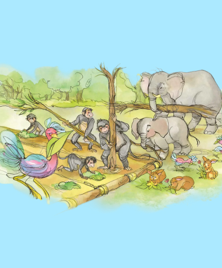 Illustration of animals including elephants, monkeys, birds, and rabbits working together in a natural setting with trees and water.