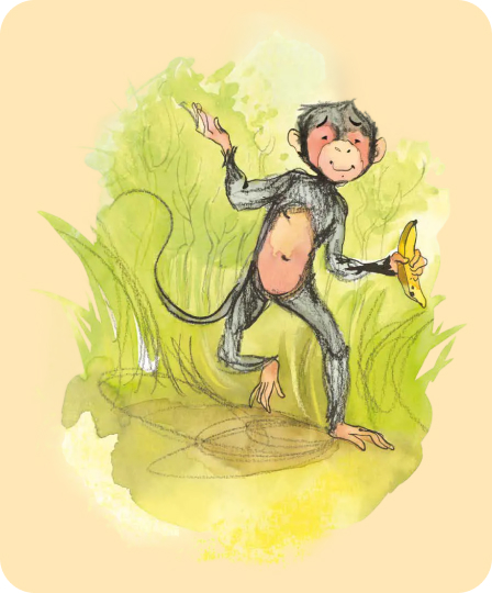 Illustration of a playful monkey holding a banana, standing on one leg with a green leafy background.