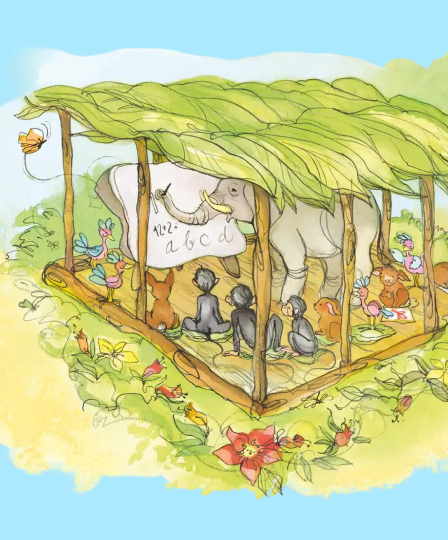 Illustration of an elephant teaching a class of various animals inside a grass-roofed shelter.