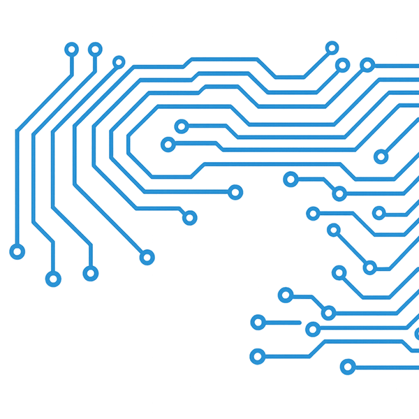 Blue circuit board lines and nodes pattern on a black background.