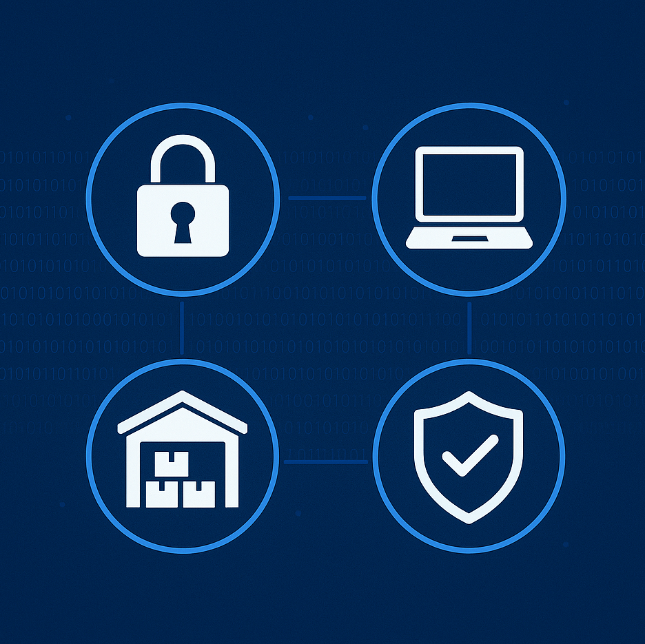 Four blue circles connected by lines containing icons of a padlock, laptop, warehouse with boxes, and shield with checkmark on a dark blue background with binary code.