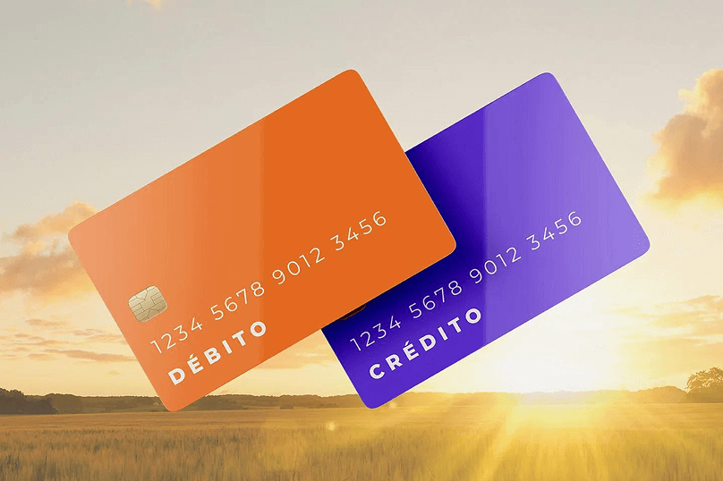 Dos tarjetas bancarias, una naranja de "Débito" y una púrpura de "Crédito", flotando sobre un paisaje de campo al atardecer.
