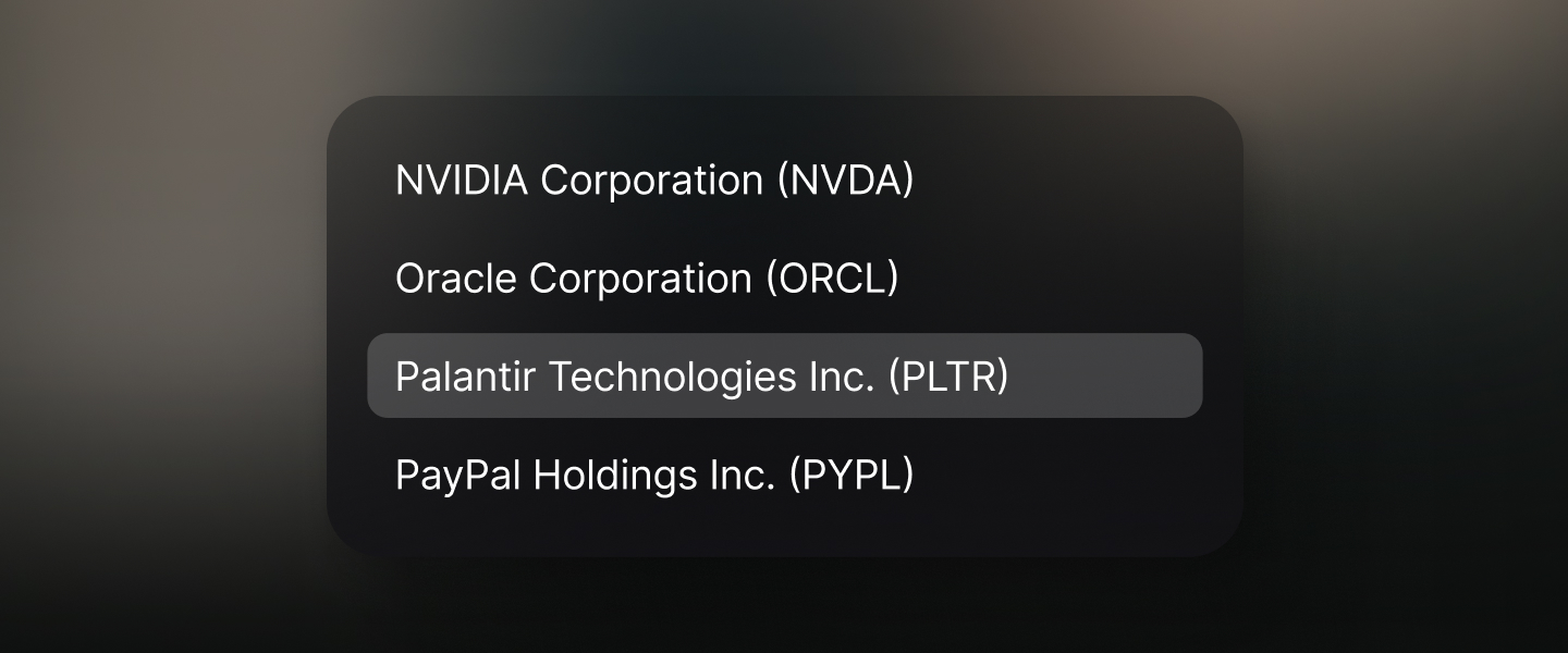 List of technology company names with stock symbols: NVIDIA Corporation (NVDA), Oracle Corporation (ORCL), Palantir Technologies Inc. (PLTR) highlighted, and PayPal Holdings Inc. (PYPL).