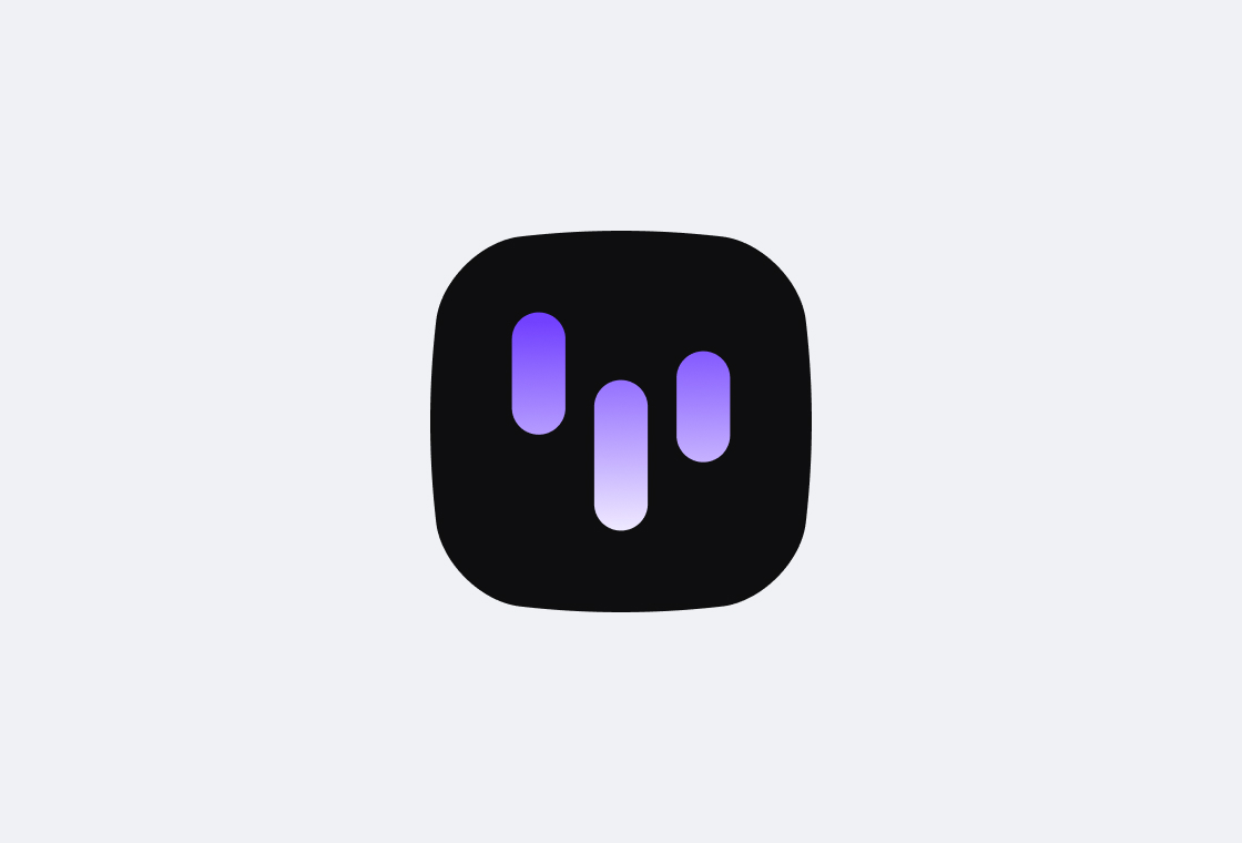 Black rounded square icon with three vertical purple gradient bars resembling a stylized bar chart.