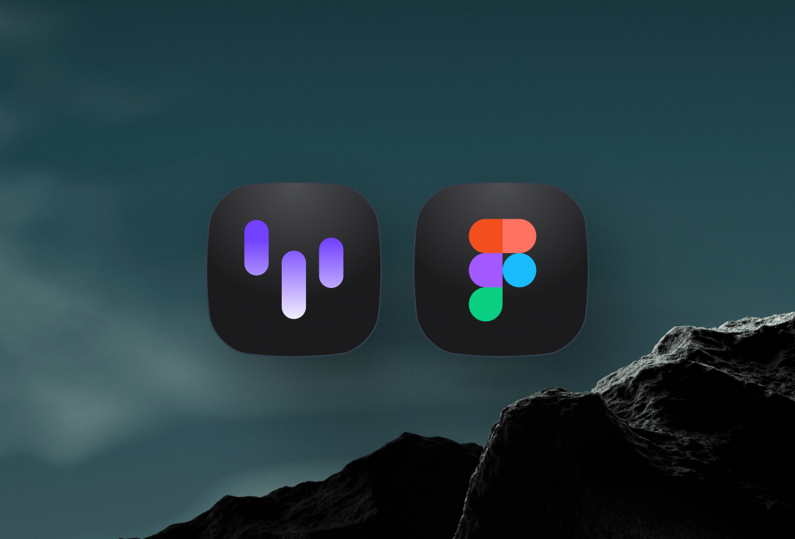 Two app icons on a dark blue background with rocky foreground, featuring a purple gradient vertical bars icon and a multicolored F-shaped icon.