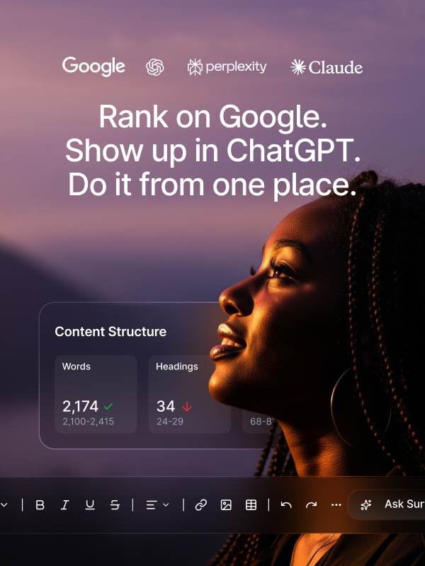 Profile of a smiling woman looking towards the sky with text about ranking on Google and showing up in ChatGPT, featuring logos of Google, OpenAI, Perplexity, and Claude.