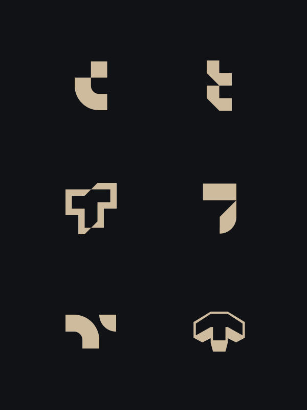 Set of six abstract beige shapes on a black background, arranged in three rows and two columns.
