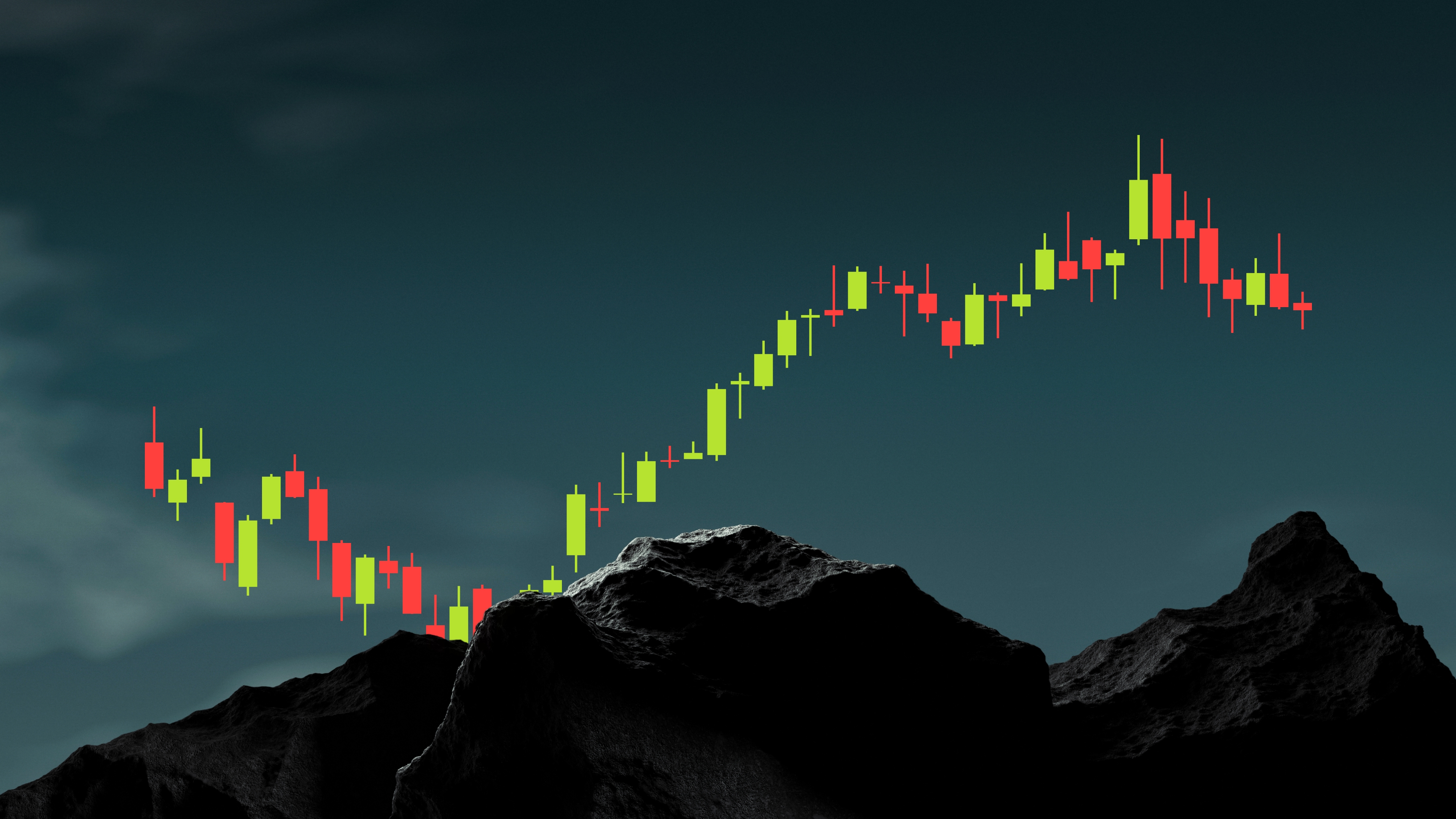 Financial candlestick chart rising over dark mountain silhouettes against a moody sky.
