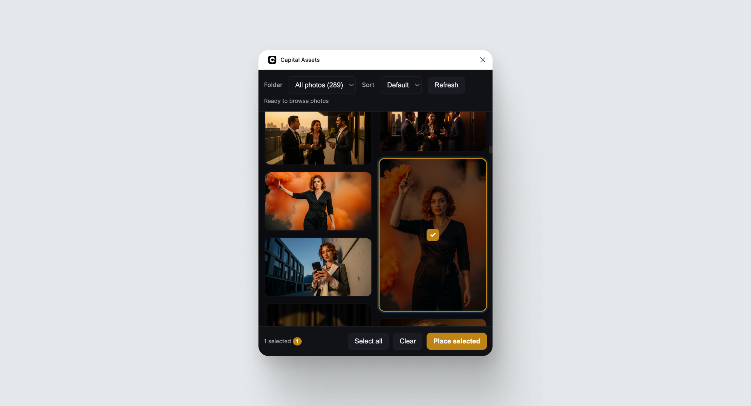 Screenshot of the Capital Assets Figma plugin showing a gallery of photos generated by Imagen 4, with one image of a woman surrounded by orange smoke selected.