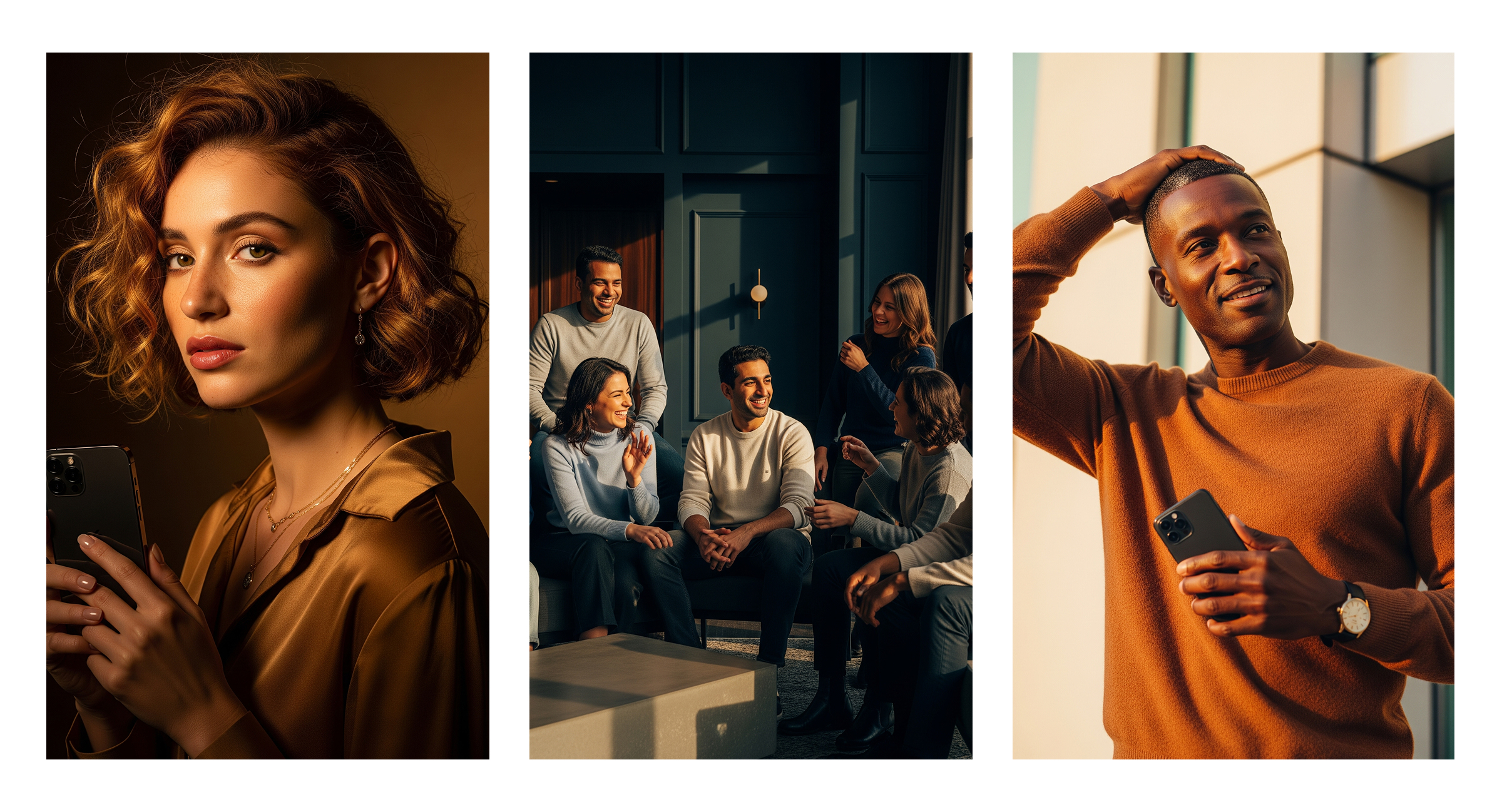 Collage of three photographs: a woman with curly hair holding a smartphone, a group of friends talking and smiling indoors, and a man outdoors smiling while holding a phone.