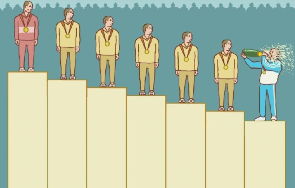 Person celebrating with champagne while standing on lowest step of podium while others stand higher with medals