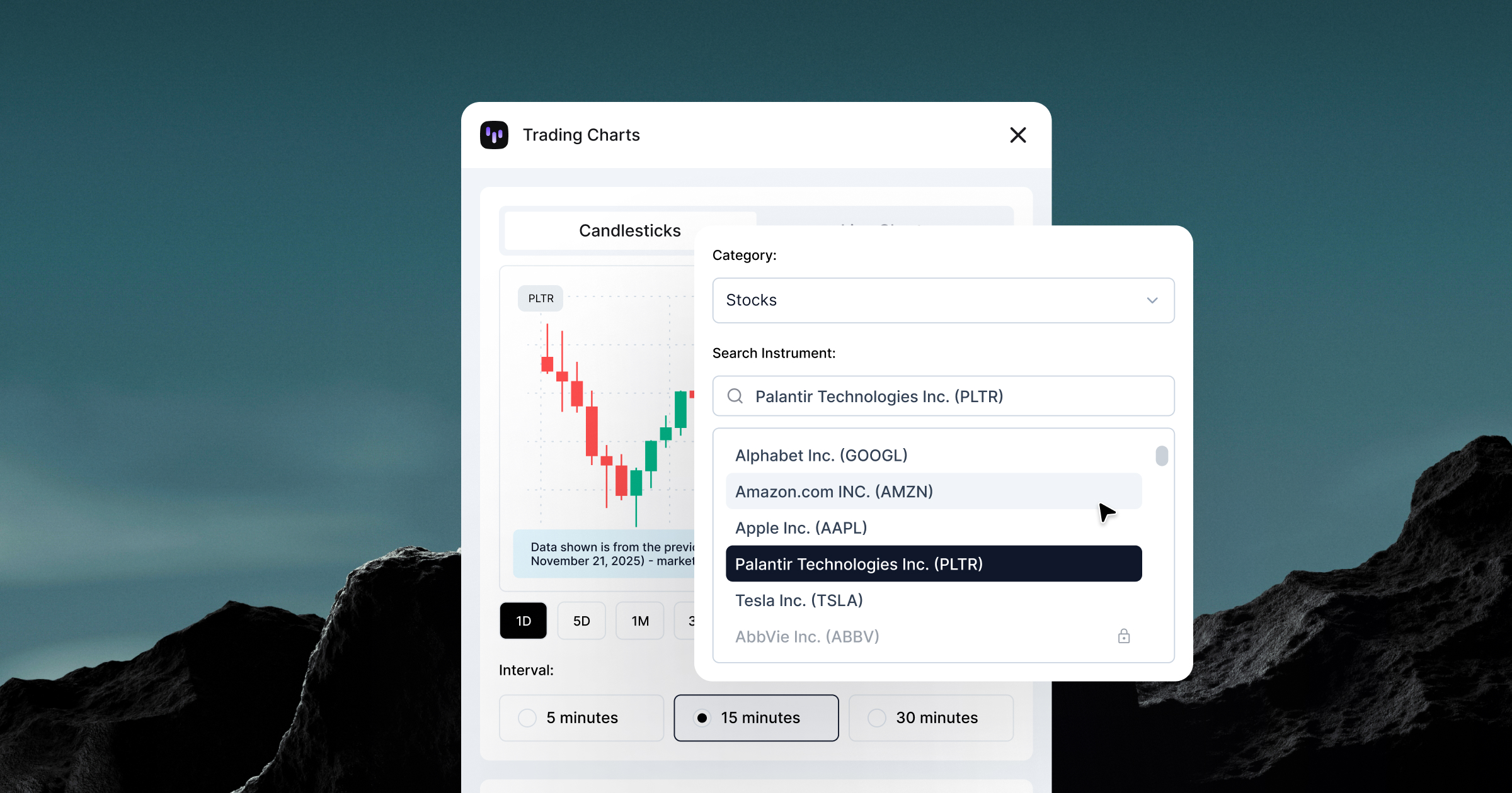 Trading Charts Figma plugin interface showing Palantir stock candlestick chart with real-time market data