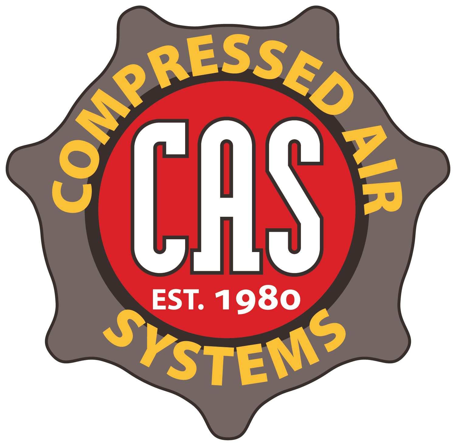 Logo of Compressed Air Systems with acronym CAS in white on red background and text EST. 1980, encircled by yellow text Compressed Air Systems on brown cogwheel shape.