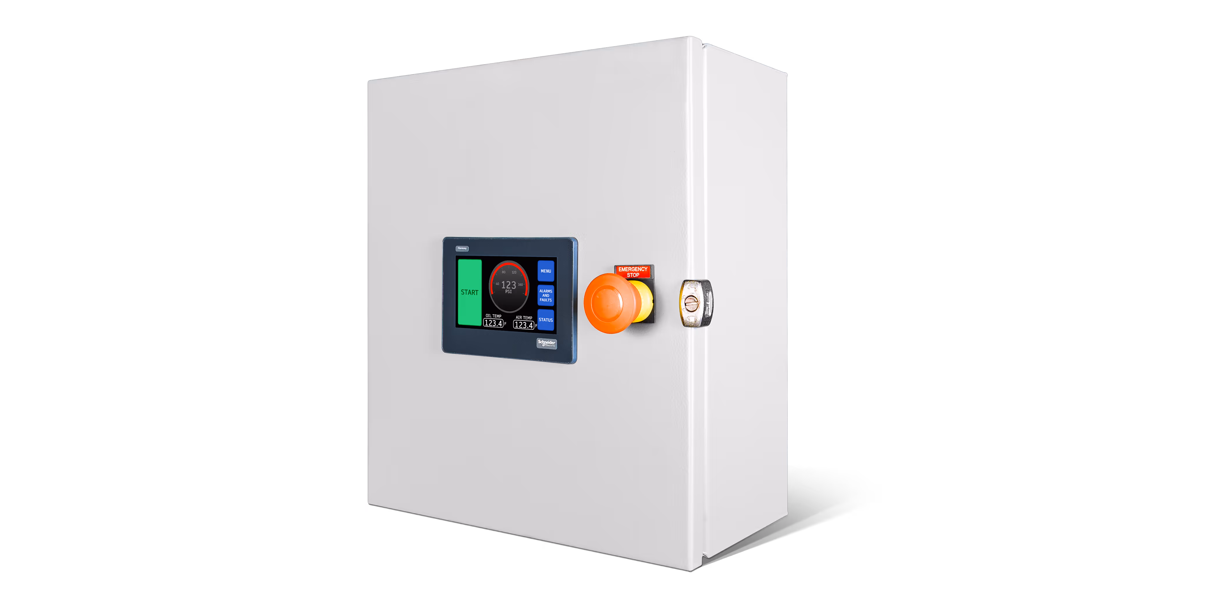 White industrial control panel with digital screen showing pressure and temperature readings, and a prominent orange emergency stop button.