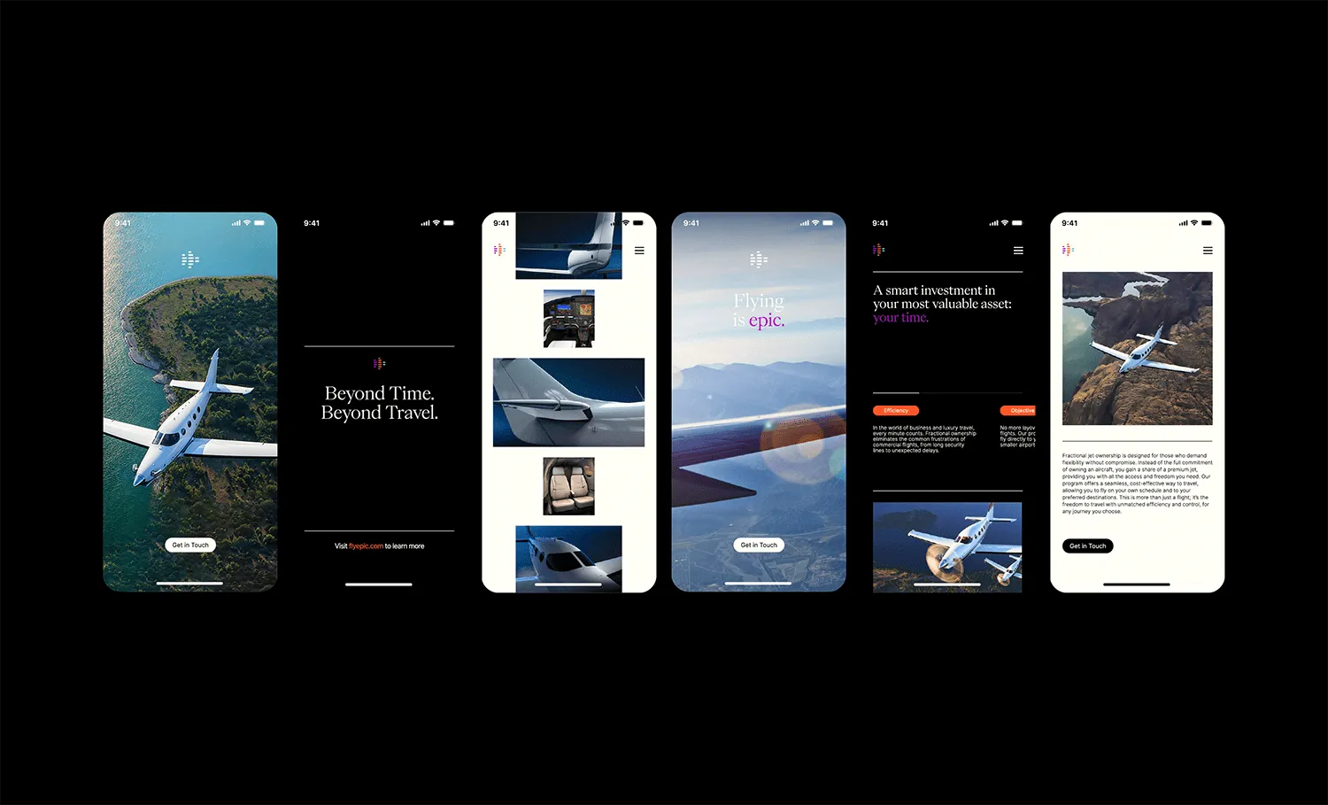 Mobile interface design for private aviation brand showcasing aircraft, experiences, and key features.