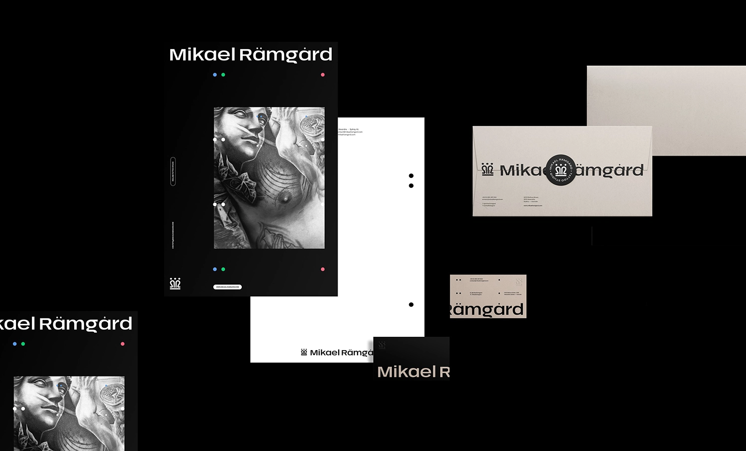 Mikael Rämgård branding system — posters, stationery, and business cards in beige and black.