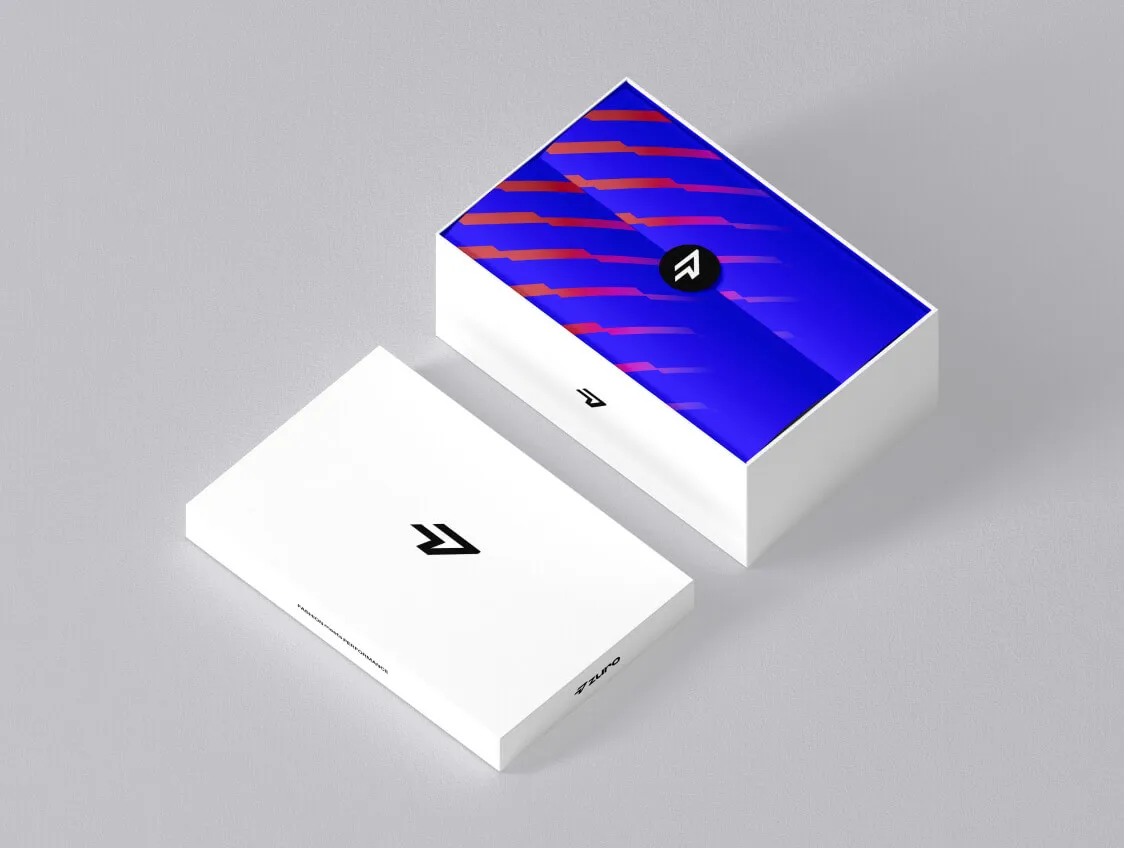Sleek packaging boxes for Zuro featuring dynamic blue and red patterns.