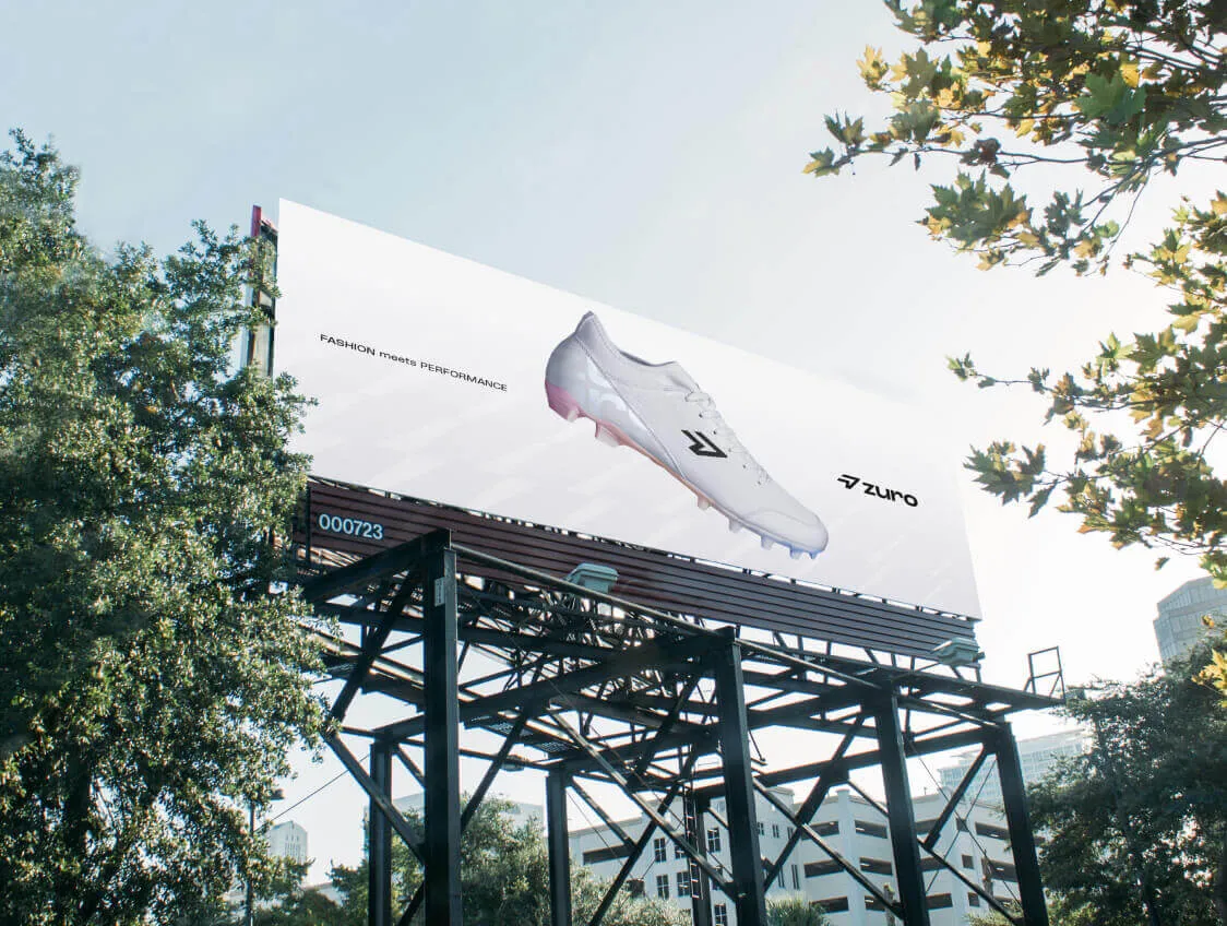 Large billboard ad displaying Zuro sports shoe with clean, modern layout.