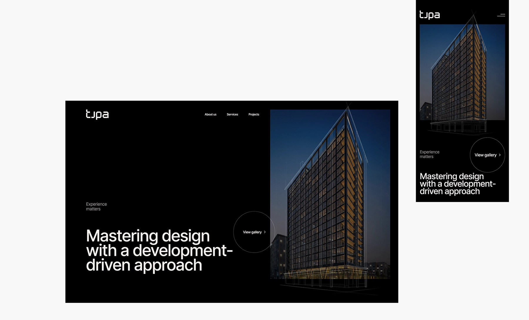 Website design featuring tall modern building on black background.