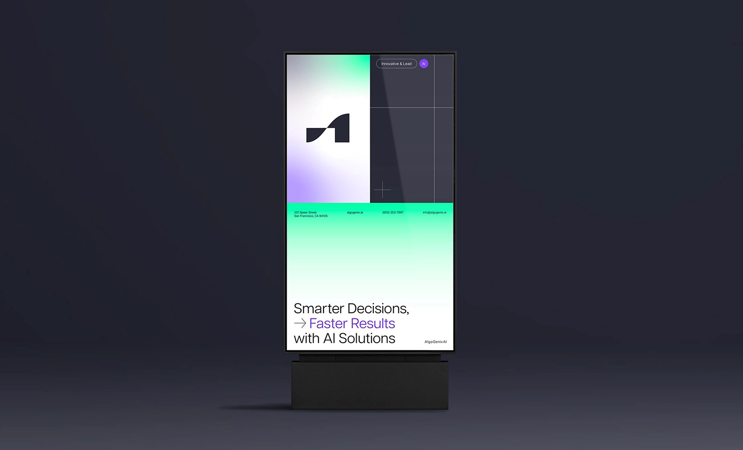 Digital display showcasing AI solutions with minimalist gradient design.