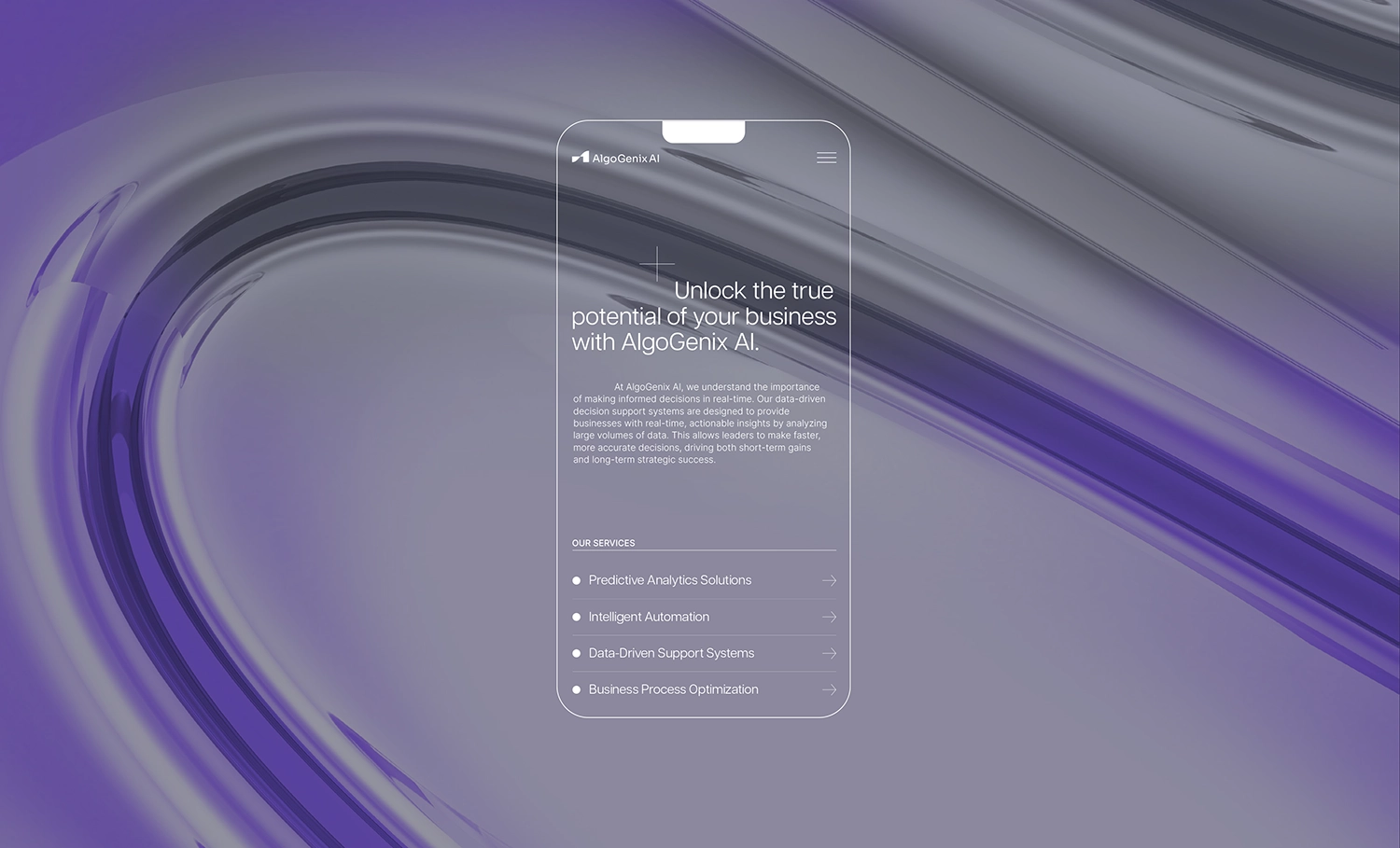 Transparent mobile mockup displaying AI website interface on abstract background.