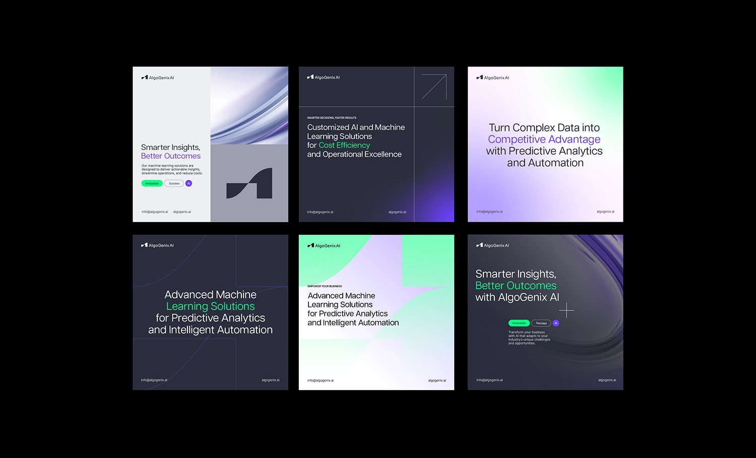 Grid of six AI-themed layouts with gradients and bold typography.