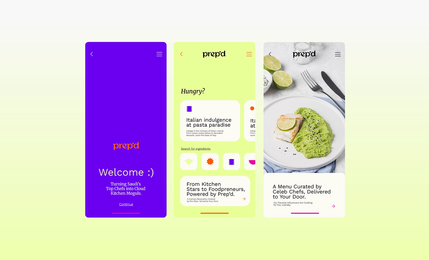 Mobile app screens for food delivery service with bright interface.