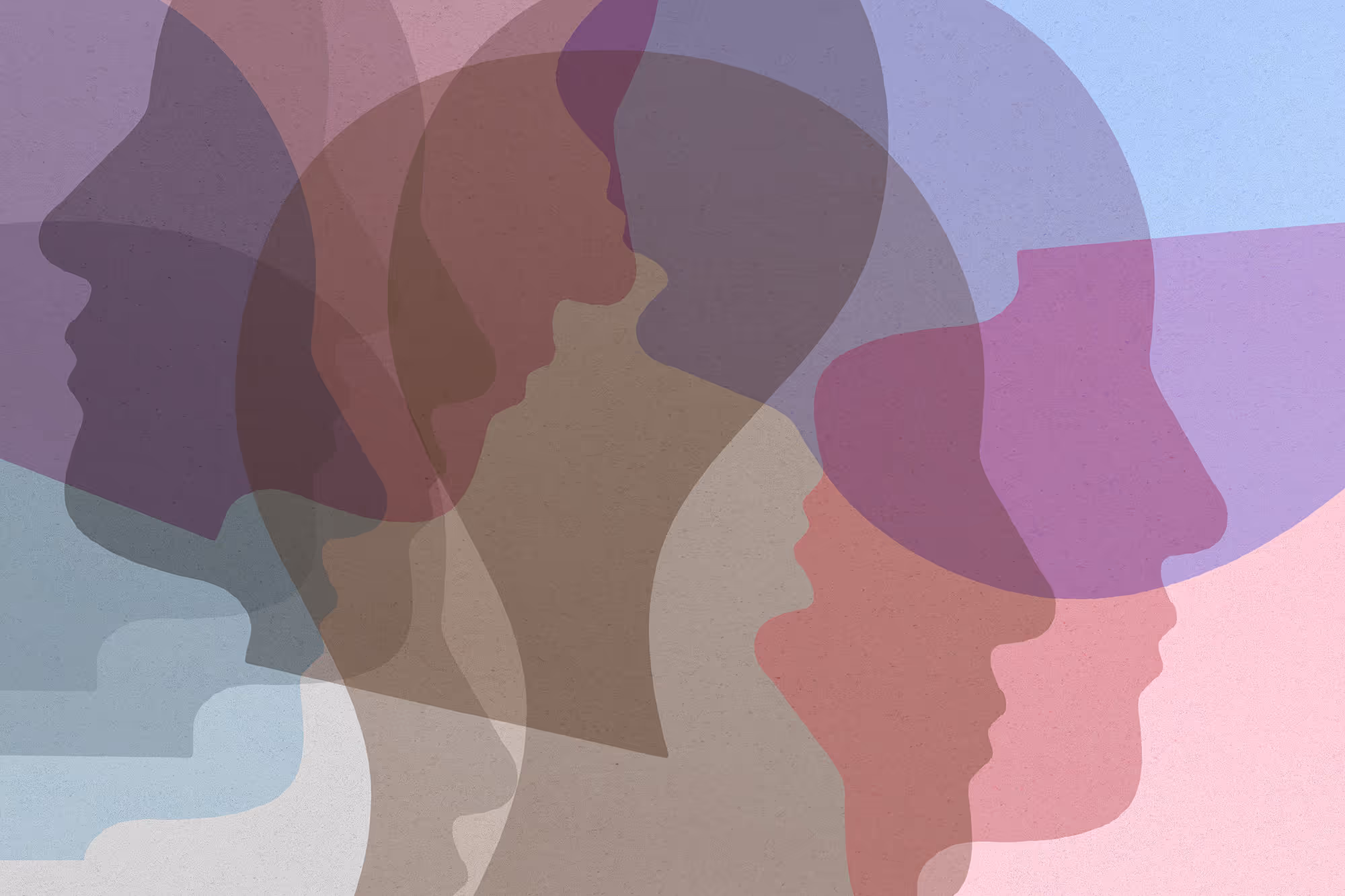 Overlay of semi-transparent profiles of human faces in various colors facing left.