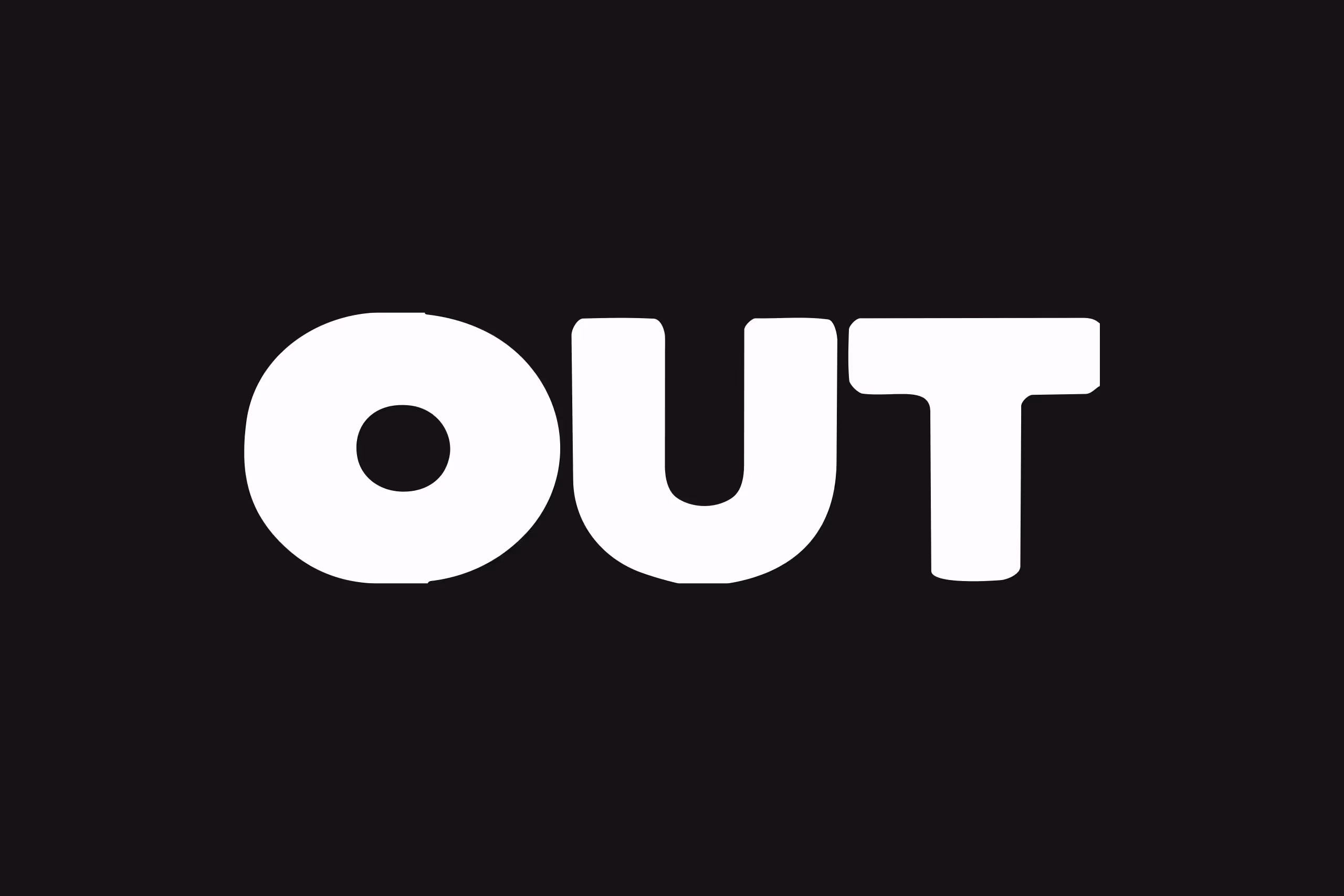 White bold uppercase text 'OUT' on a black background.